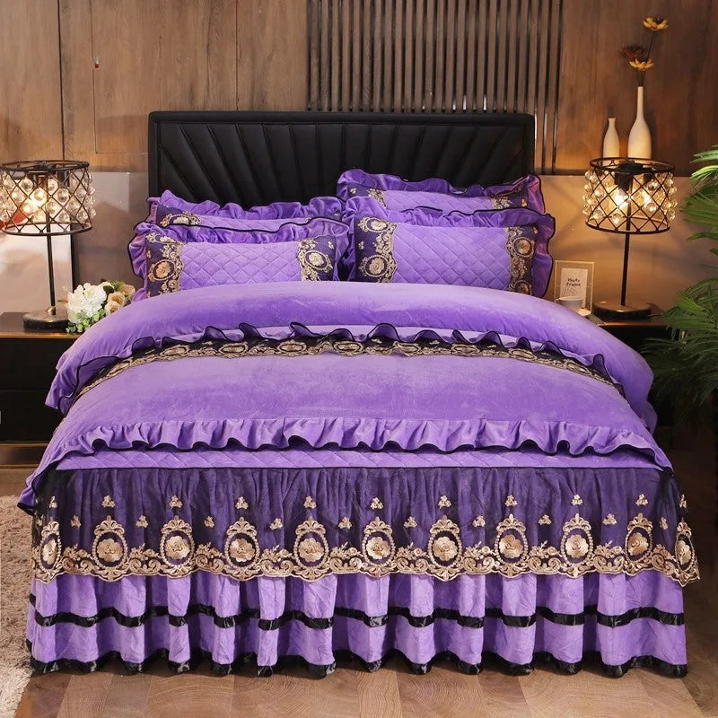 Lace-edged polar fleece bed skirt in chosen colour on a bed frame.