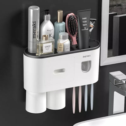 Non-marking hanging magnetic toothbrush holder with toothpaste squeezer and quick-drying cups