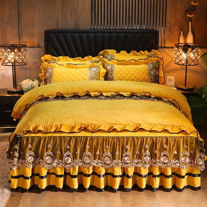 Lace-edged polar fleece bed skirt in chosen colour on a bed frame.