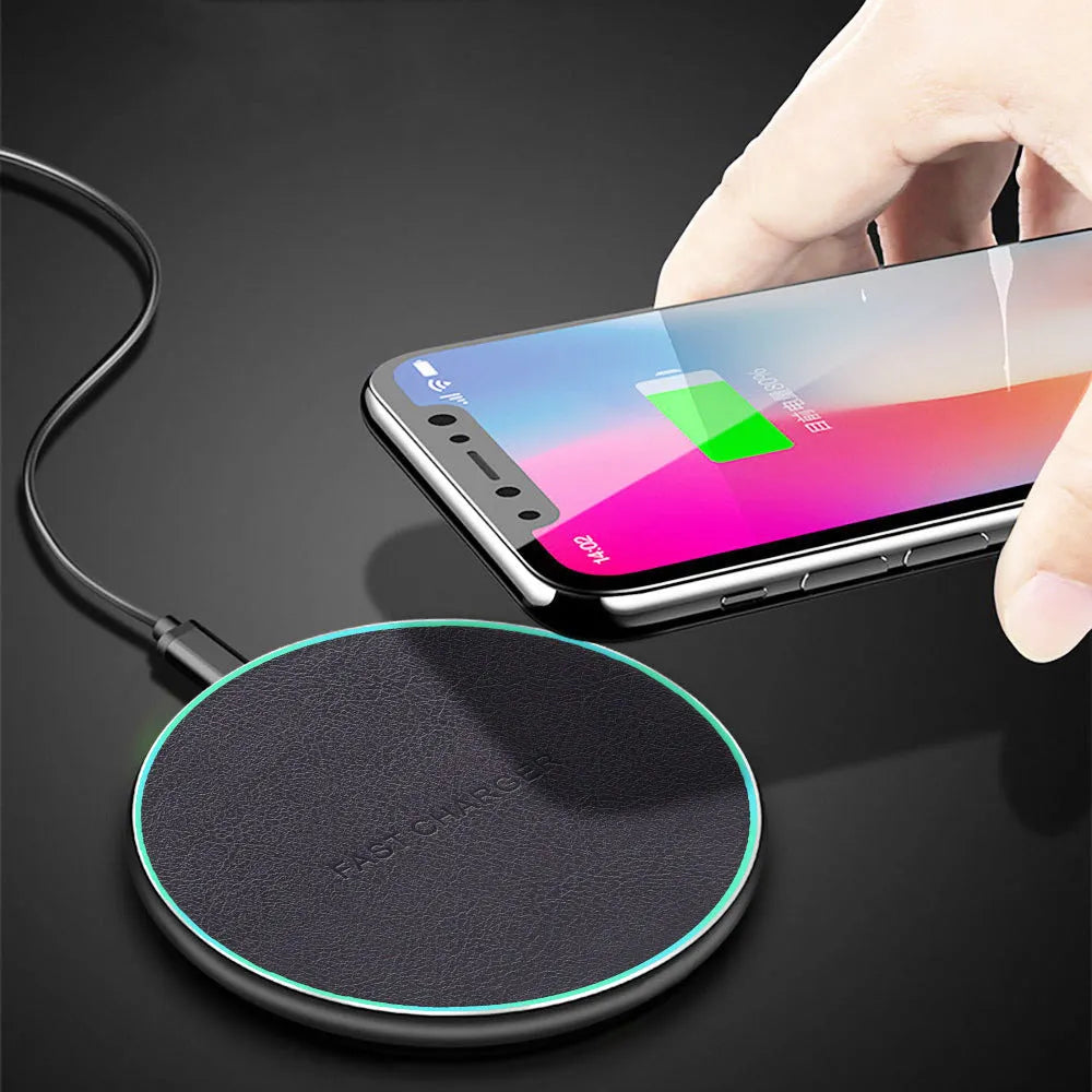 Black aluminium alloy wireless car charger measuring 100mm x 60mm with 10W fast charging