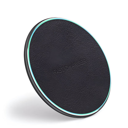 Black aluminium alloy wireless car charger measuring 100mm x 60mm with 10W fast charging
