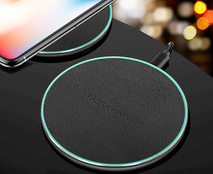 Black aluminium alloy wireless car charger measuring 100mm x 60mm with 10W fast charging