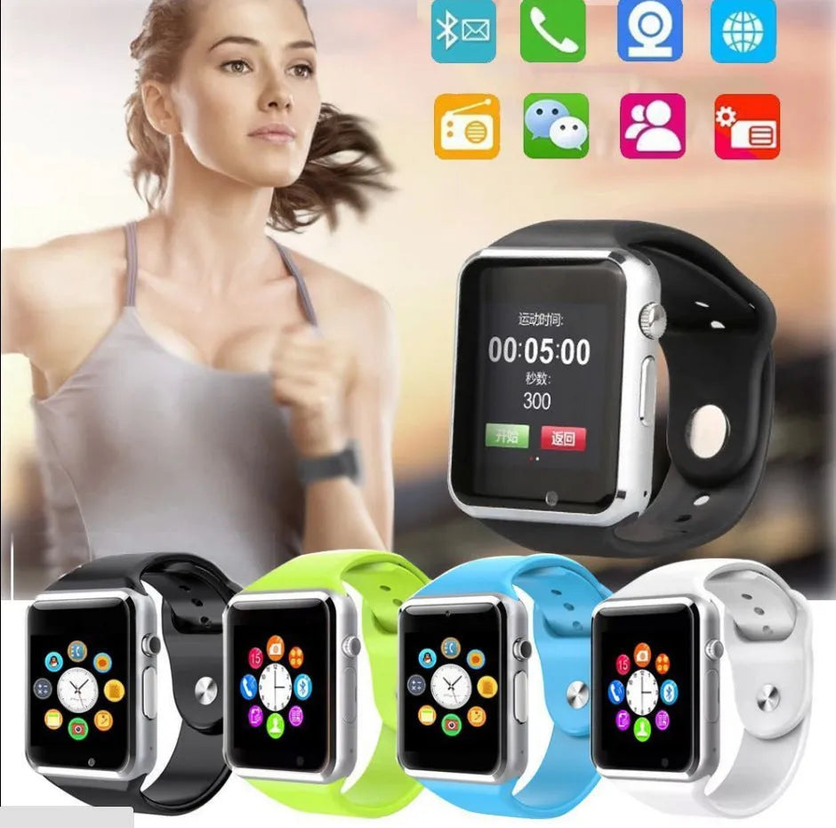 A1 Android Smart Watch with 1.54-inch screen shown in multiple colour options including black, silver, and gold.