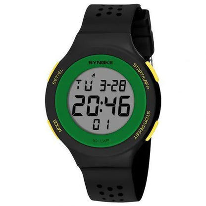 Thin LED waterproof digital sports watch with luminous display showing 50 metre water resistance rating
