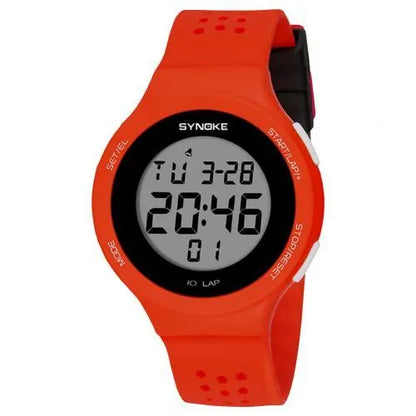 Thin LED waterproof digital sports watch with luminous display showing 50 metre water resistance rating