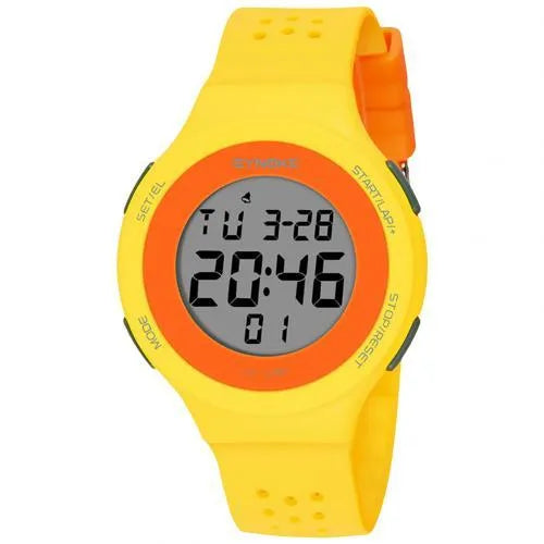 Thin LED waterproof digital sports watch with luminous display showing 50 metre water resistance rating
