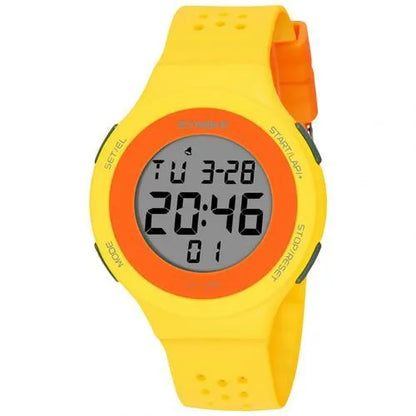 Thin LED waterproof digital sports watch with luminous display showing 50 metre water resistance rating