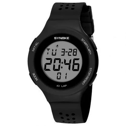 Thin LED waterproof digital sports watch with luminous display showing 50 metre water resistance rating