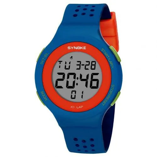 Thin LED waterproof digital sports watch with luminous display showing 50 metre water resistance rating