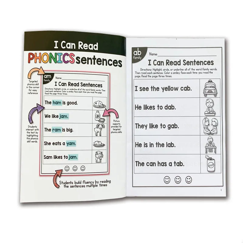 Children's phonics reading worksheet with English language activities for ages 6+