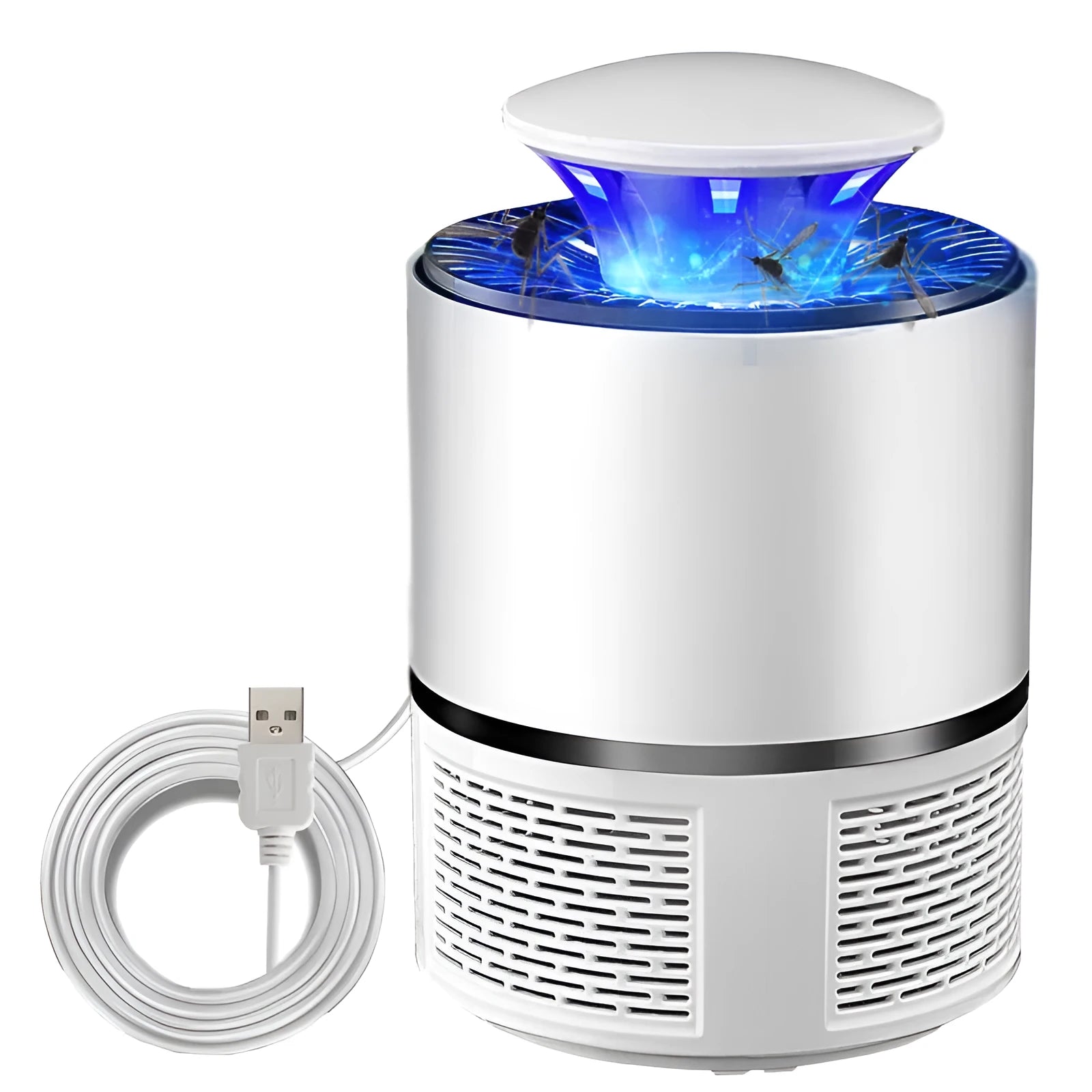 Black or white USB photocatalyst mosquito trap with UV lights, 19cm size, 94cm cable.