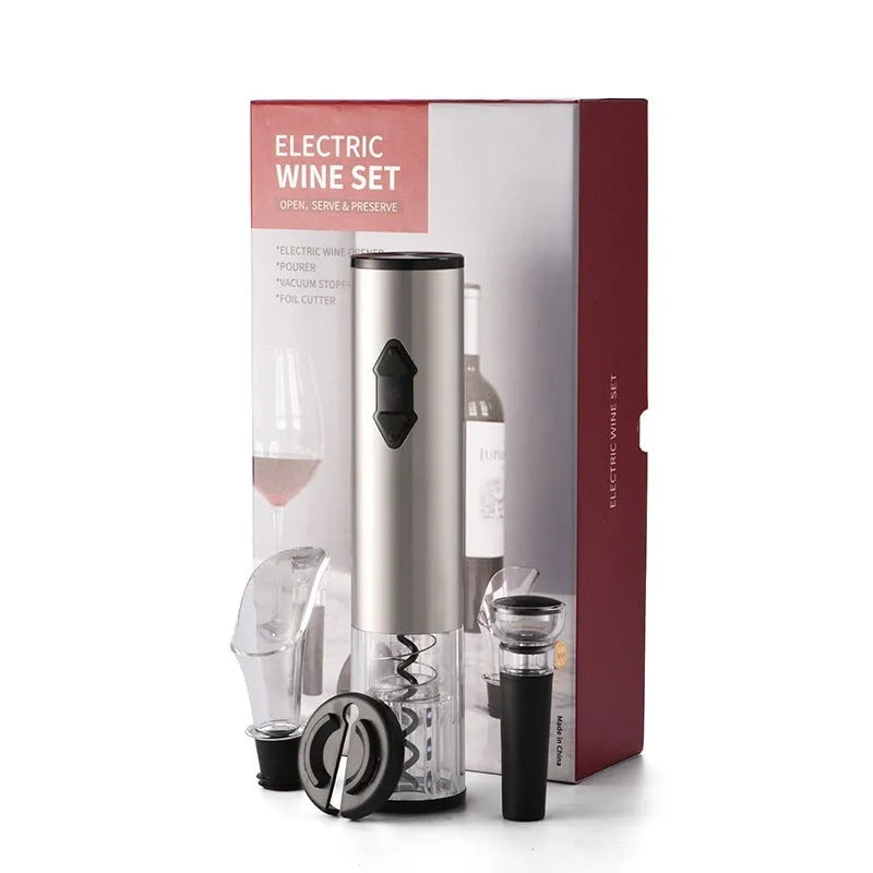 Black electric wine opener with transparent cover and aluminum foil cutter on wooden table