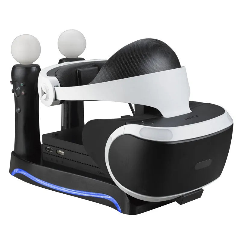 Black ABS charging base for PlayStation 4 VR controllers on a gaming desk