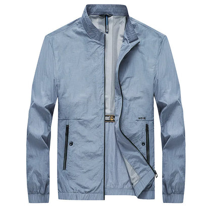 Kentino men's light blue polyester summer sunscreen shirt on a hanger.
