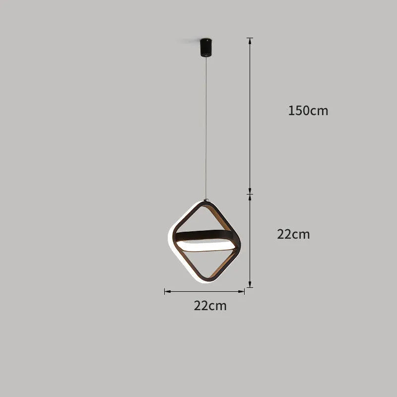 Minimalist black iron single head chandelier with remote control on a bedside table.