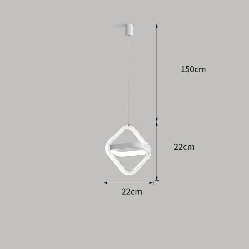 Minimalist black iron single head chandelier with remote control on a bedside table.