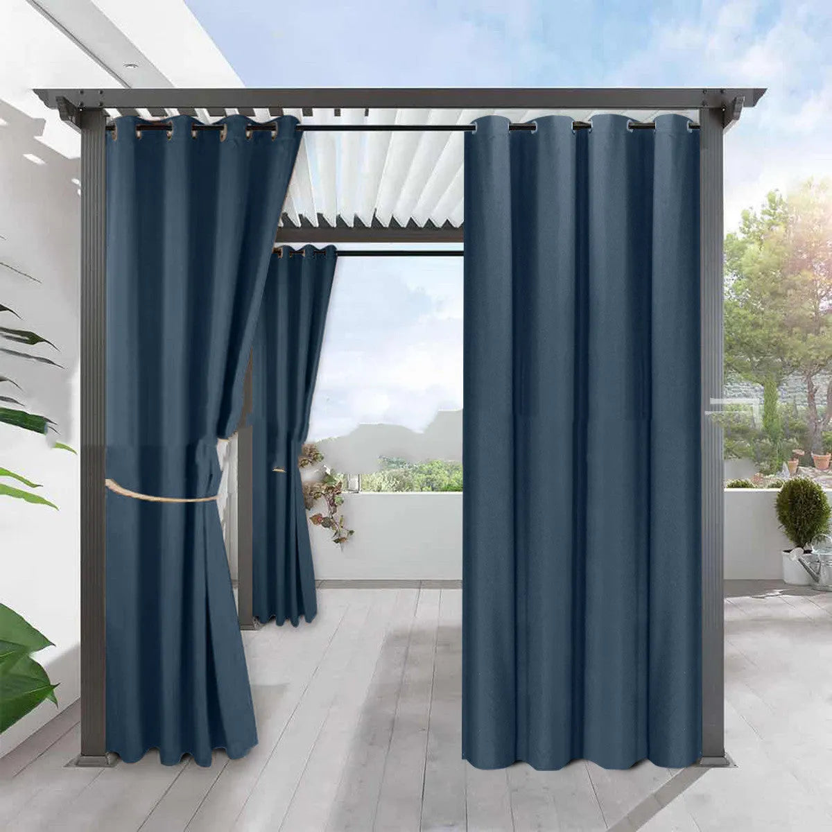 Solid colour blackout curtain panel in neutral colour with pre-punched holes along top edge