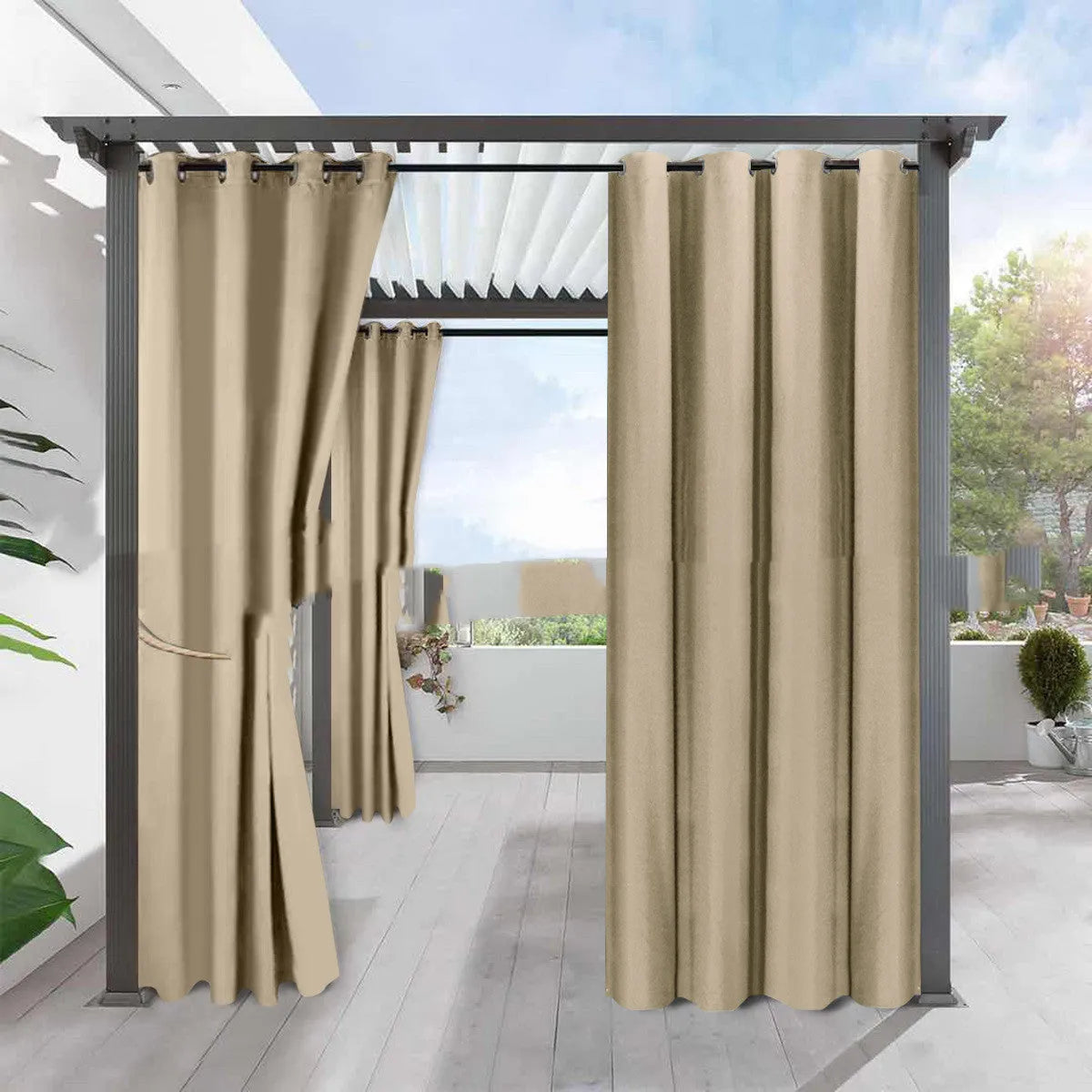 Solid colour blackout curtain panel in neutral colour with pre-punched holes along top edge