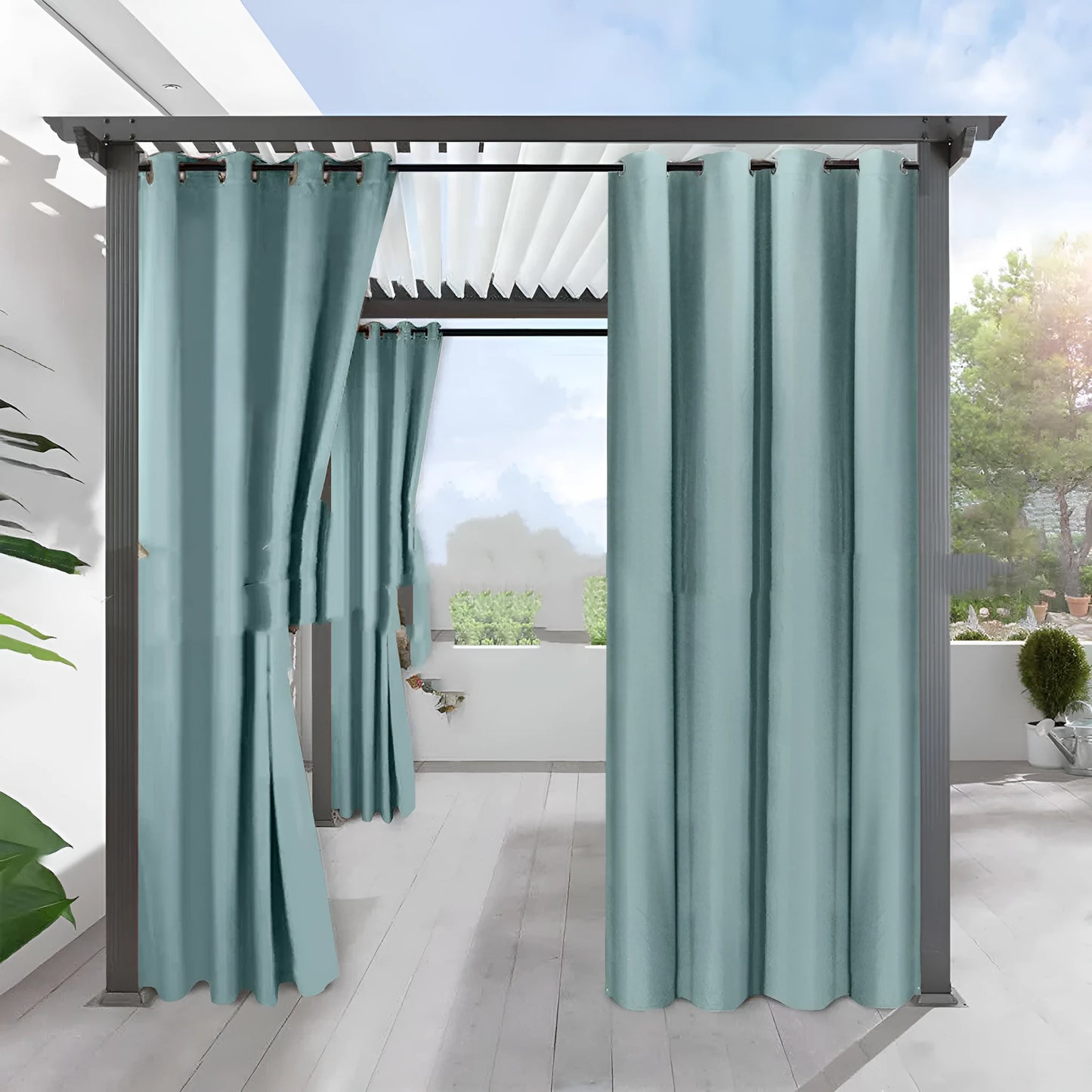 Solid colour blackout curtain panel in neutral colour with pre-punched holes along top edge