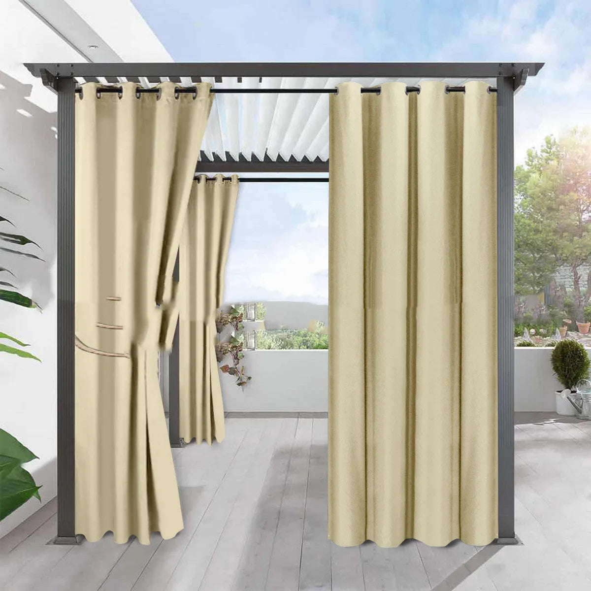 Solid colour blackout curtain panel in neutral colour with pre-punched holes along top edge