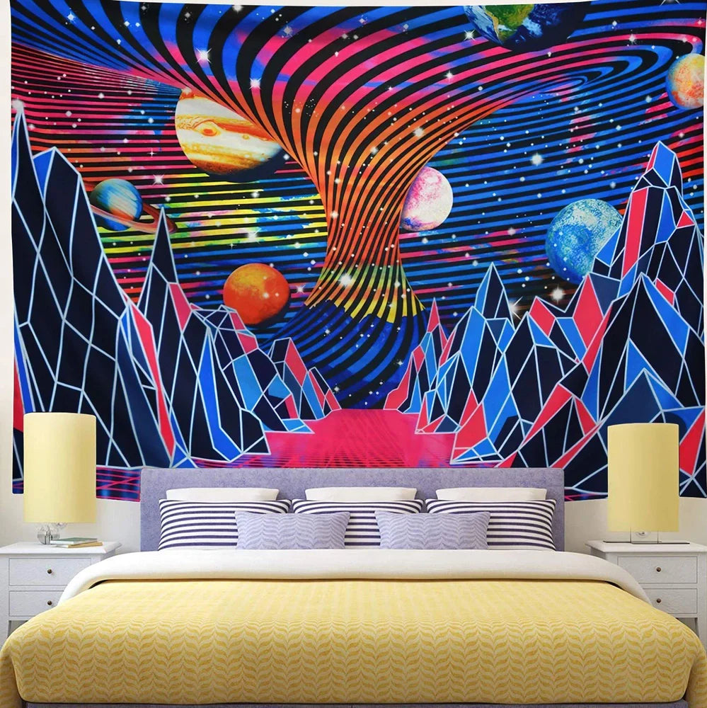 Psychedelic galaxy pattern wall hanging with 3D printed colours on polyester fabric