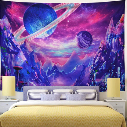 Psychedelic galaxy pattern wall hanging with 3D printed colours on polyester fabric