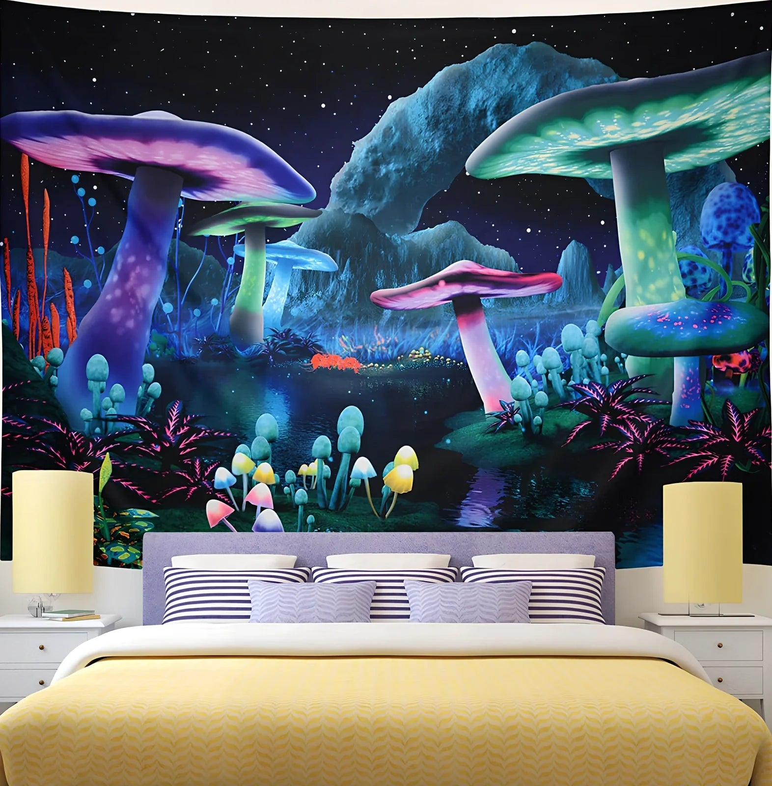 Psychedelic galaxy pattern wall hanging with 3D printed colours on polyester fabric