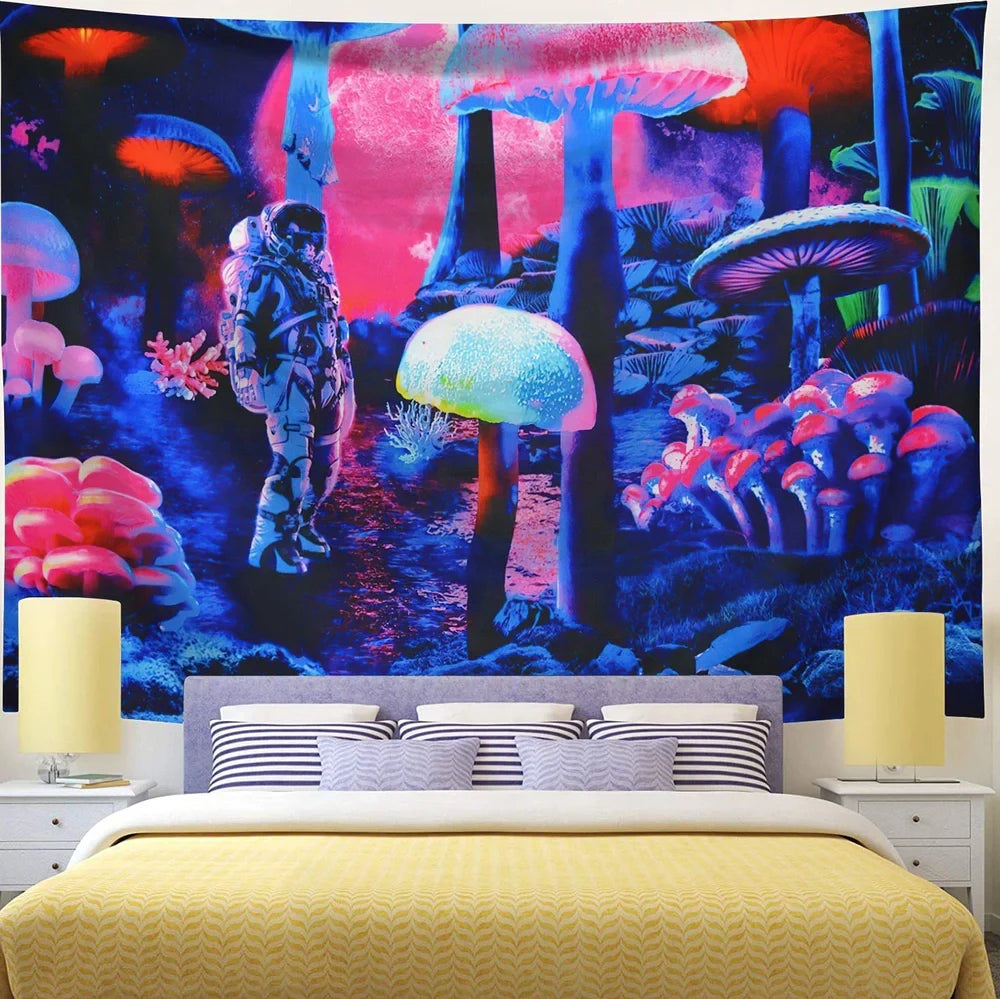 Psychedelic galaxy pattern wall hanging with 3D printed colours on polyester fabric