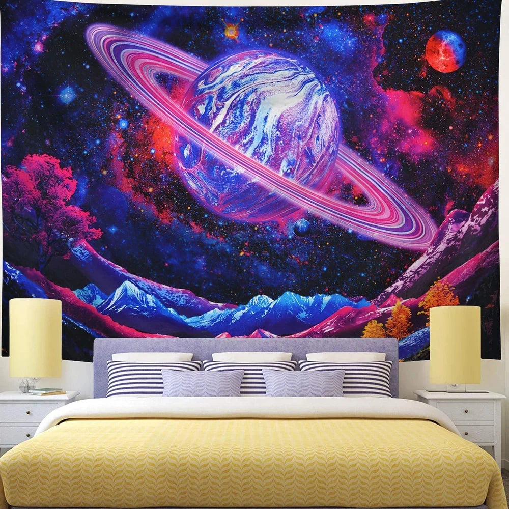 Psychedelic galaxy pattern wall hanging with 3D printed colours on polyester fabric