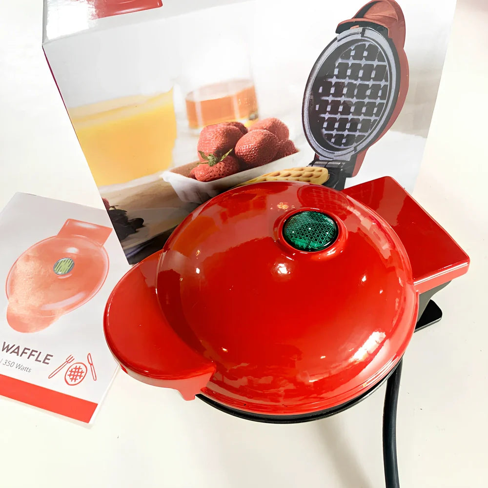 Red electric waffle maker measuring 10cm x 15cm x 20cm with EU plug and non-stick cooking surfaces