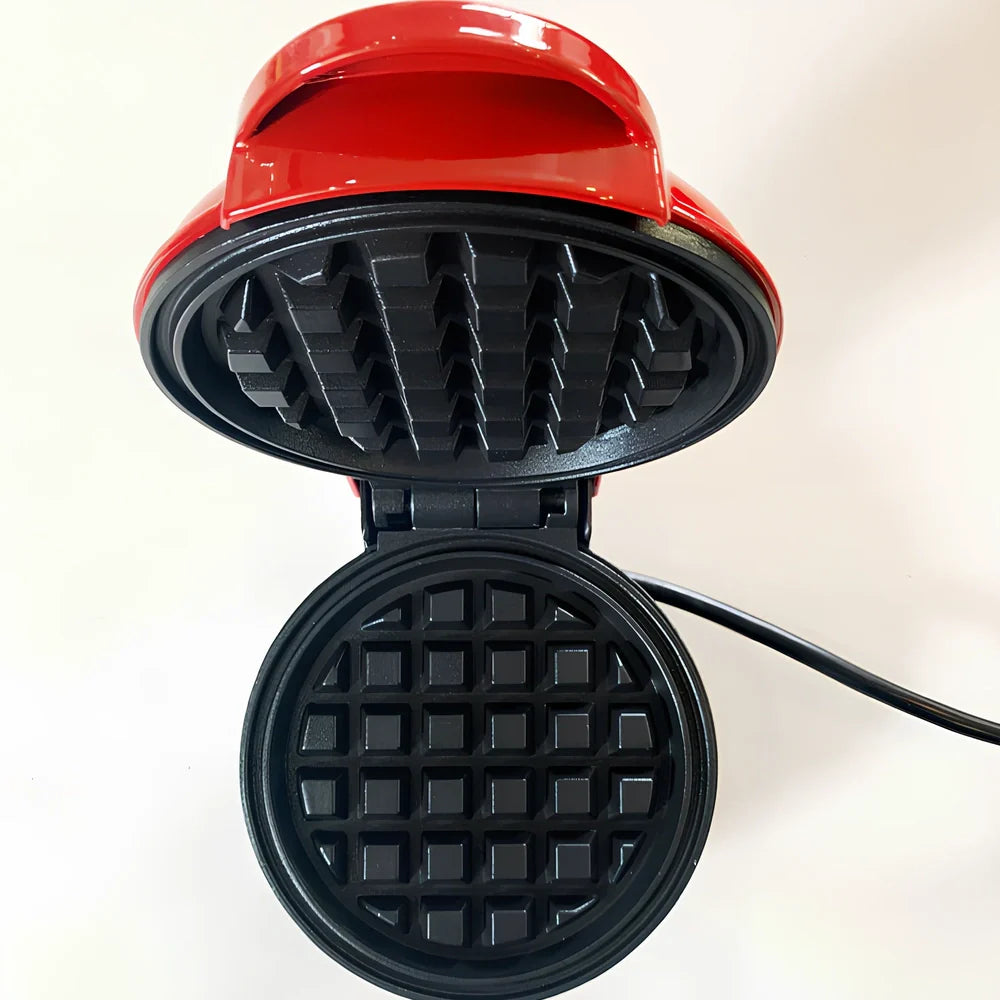 Red electric waffle maker measuring 10cm x 15cm x 20cm with EU plug and non-stick cooking surfaces