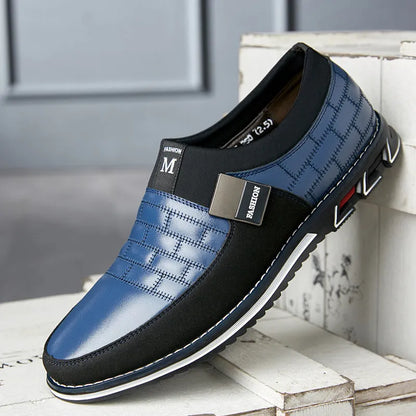 Men's low-cut blue leather casual shoes on a white background, showing the leisure design.