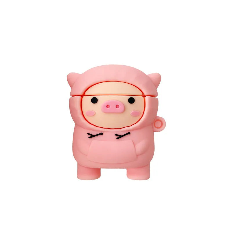 Pink silicone cartoon pig flip-case for AirPods with a metal carry hook attached.