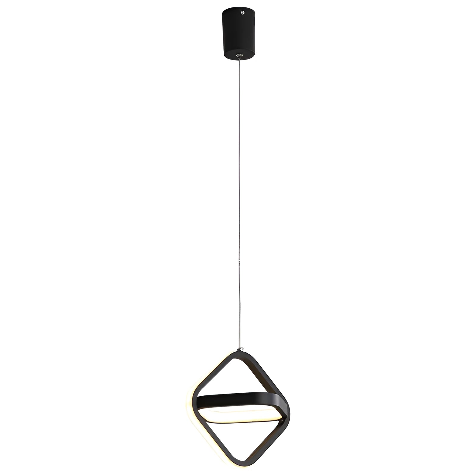 Minimalist black iron single head chandelier with remote control on a bedside table.