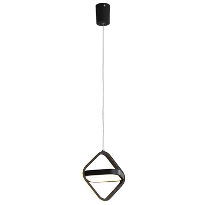 Minimalist black iron single head chandelier with remote control on a bedside table.