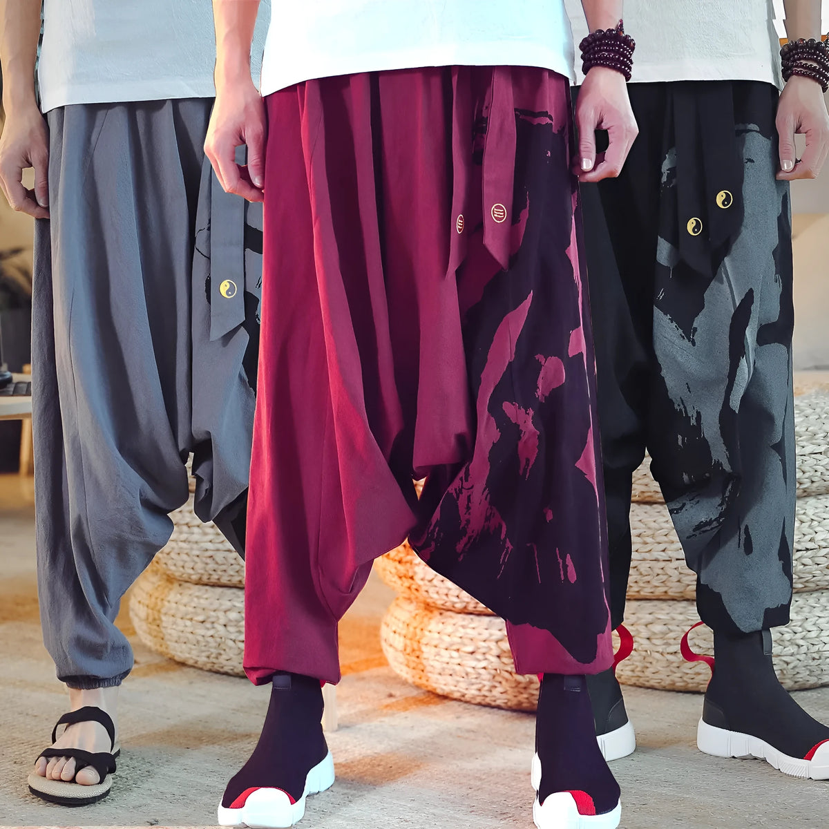 Chinese style hemp cropped trousers for men with printed ankle cuffs, loose fit, available in black, dark grey, green, red, yellow.