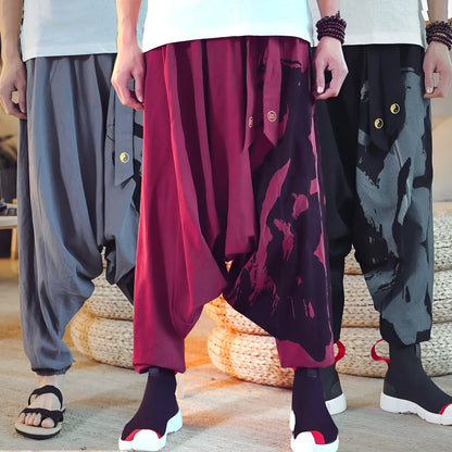 Chinese style hemp cropped trousers for men with printed ankle cuffs, loose fit, available in black, dark grey, green, red, yellow.