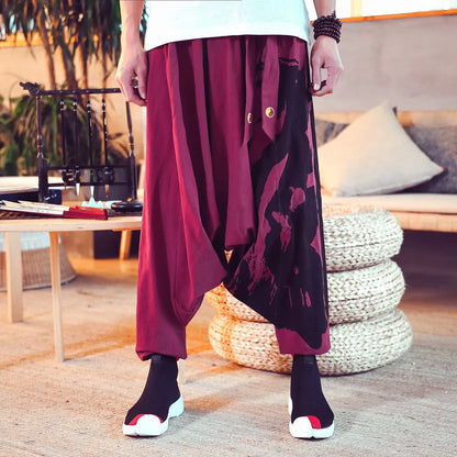 Chinese style hemp cropped trousers for men with printed ankle cuffs, loose fit, available in black, dark grey, green, red, yellow.