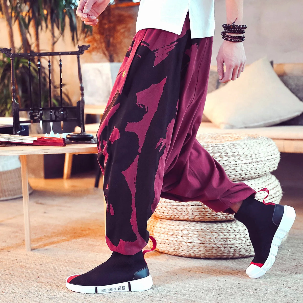 Chinese style hemp cropped trousers for men with printed ankle cuffs, loose fit, available in black, dark grey, green, red, yellow.