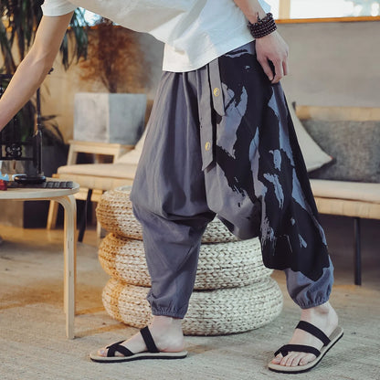 Chinese style hemp cropped trousers for men with printed ankle cuffs, loose fit, available in black, dark grey, green, red, yellow.