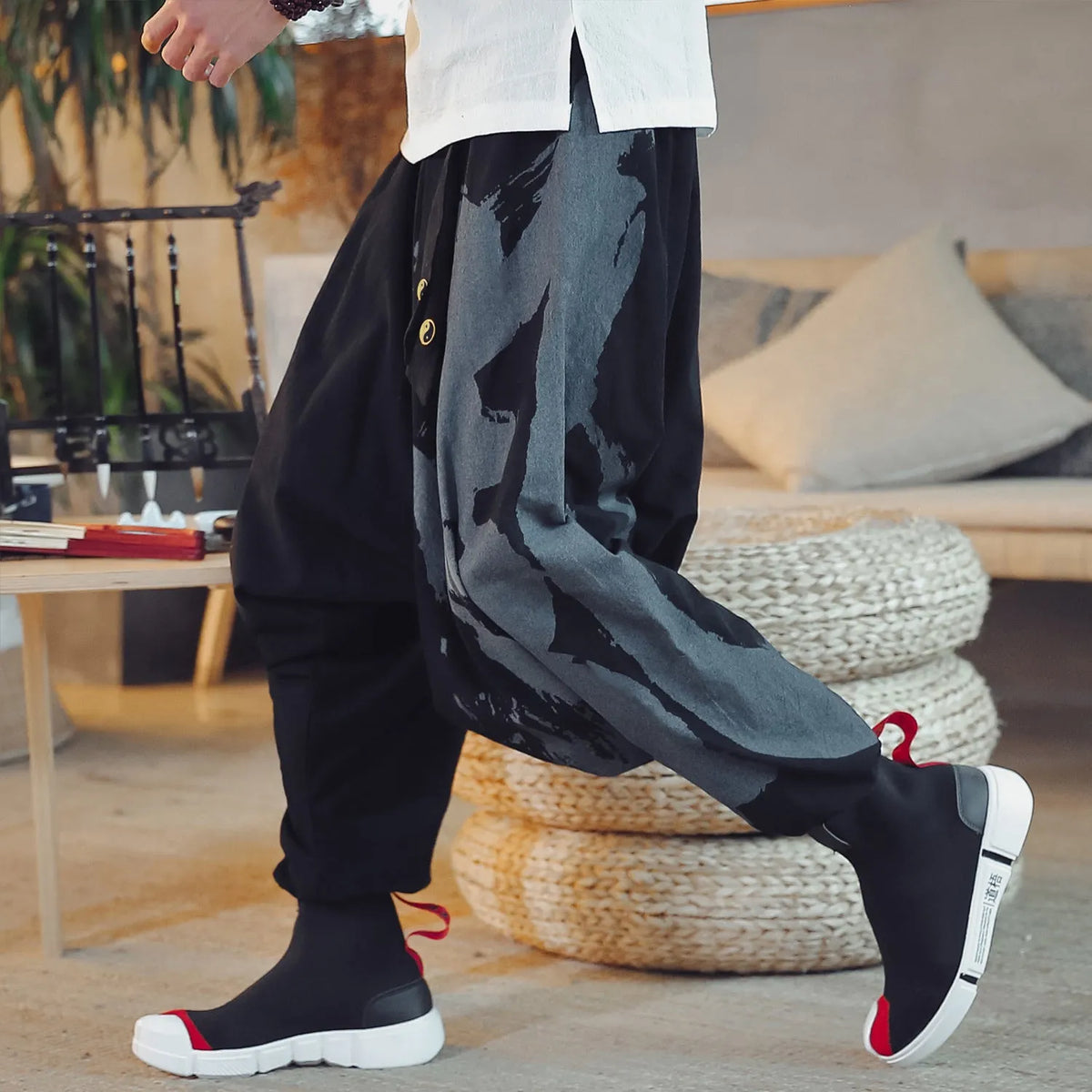 Chinese style hemp cropped trousers for men with printed ankle cuffs, loose fit, available in black, dark grey, green, red, yellow.