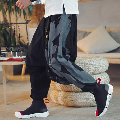 Chinese style hemp cropped trousers for men with printed ankle cuffs, loose fit, available in black, dark grey, green, red, yellow.