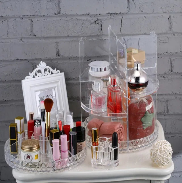 Makeup Organizer Diamond Wave Spinning Storage Unit with 360 Rotating and Detachable DIY Compartments for Cosmetics Brushes Lipstick Eyeshadow Palettes in Black White or Transparent Drawer Options