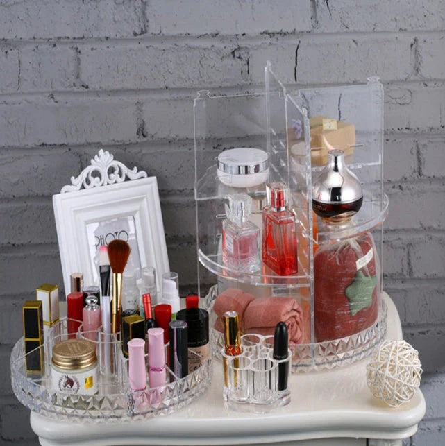 Rotating makeup organizer with detachable drawers in various finishes, including white, black, and transparent options