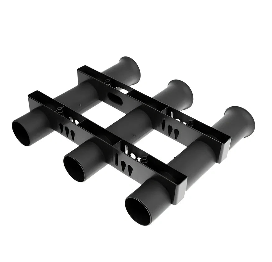 Black three-barrel plastic fishing rod holder with stainless steel mounting hardware