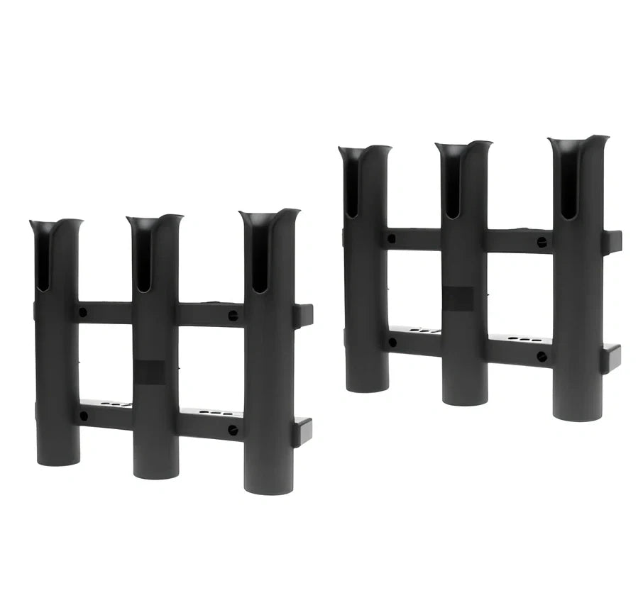 Black three-barrel plastic fishing rod holder with stainless steel mounting hardware