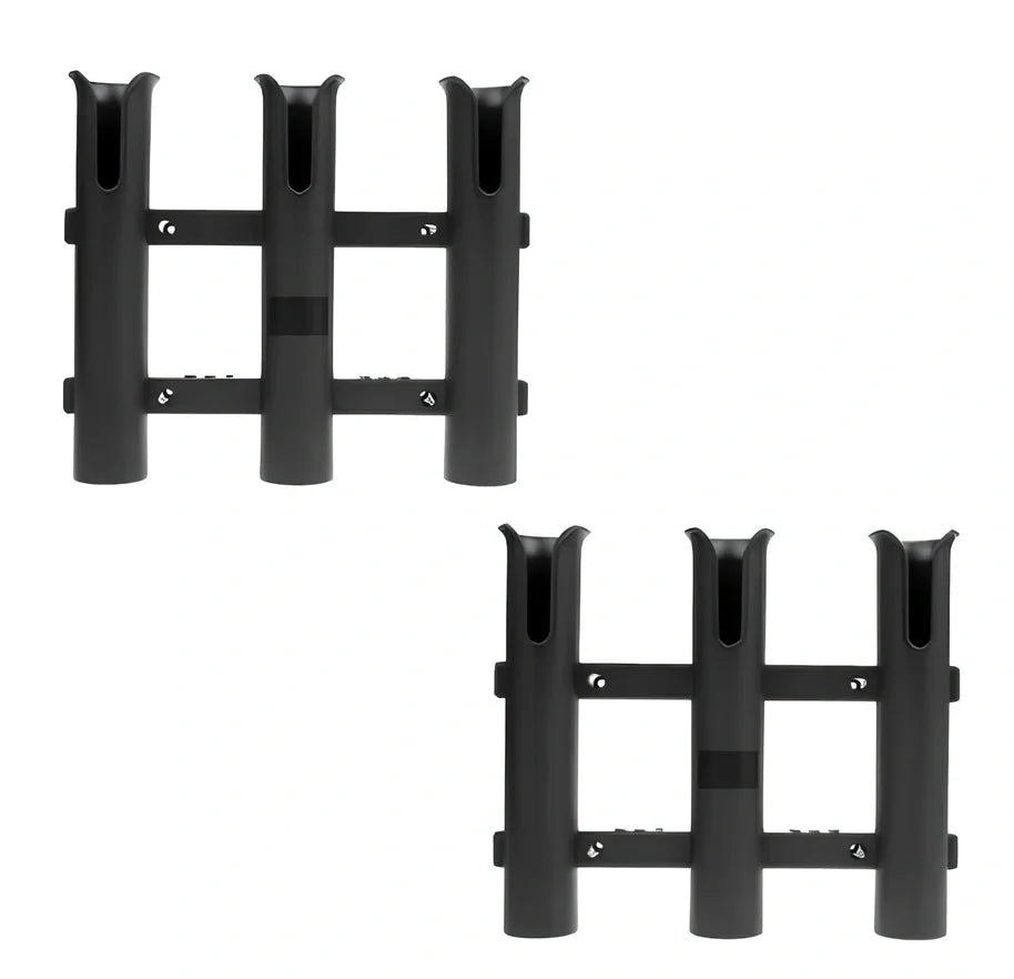 Black three-barrel plastic fishing rod holder with stainless steel mounting hardware