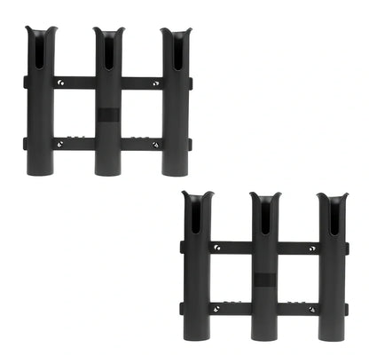 Black three-barrel plastic fishing rod holder with stainless steel mounting hardware