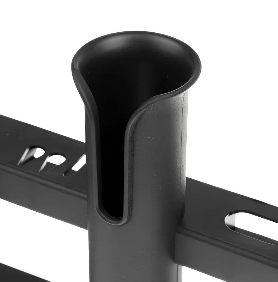 Black three-barrel plastic fishing rod holder with stainless steel mounting hardware