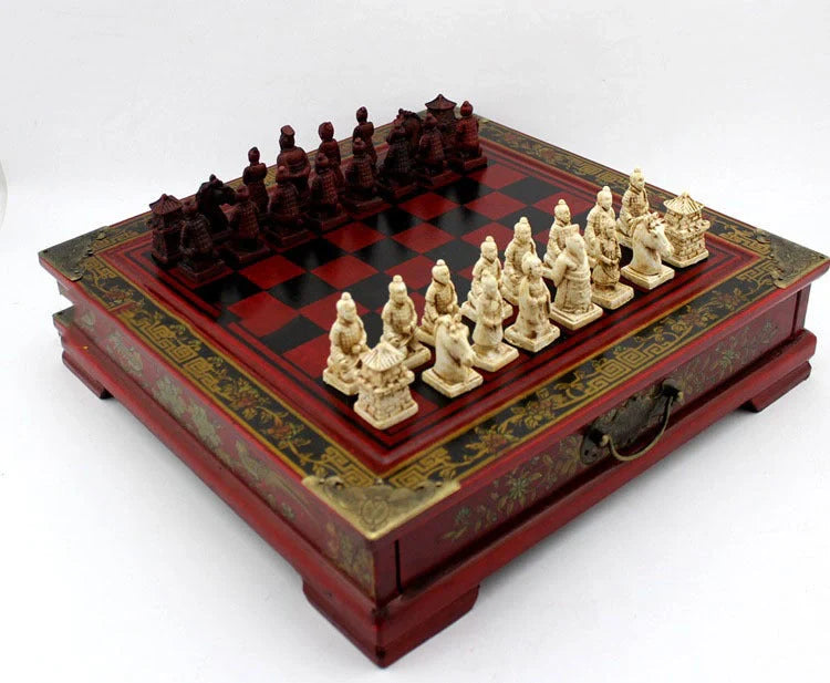 Handcrafted antique terracotta chess set with folding wooden board and polymer resin pieces